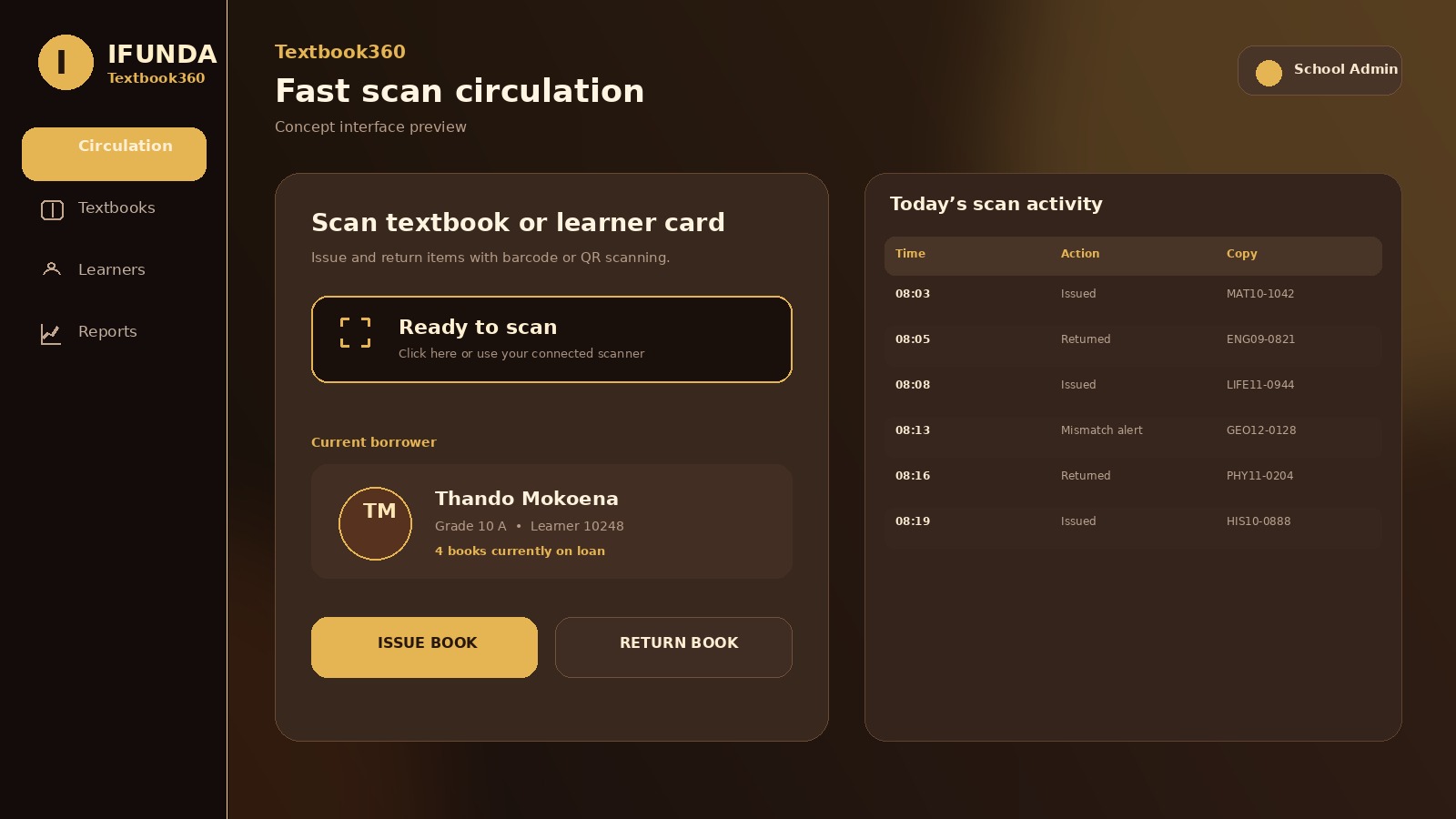 Textbook360 circulation screen for issuing and returning textbooks